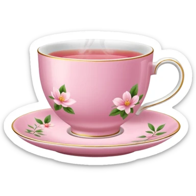 pink teacup filled with tea, placed on a matching pink saucer, with gentle steam rising from the cup.  sticker