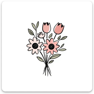 a bouquet with a variety of different flower types including roses, tulips, daisies, sunflowers, and lilies with stems and leaves in pastel colors dd9fb0, ffc6d3, a3bfc9, c4bee2, f1b091, detailed hand-drawn doodle style sticker