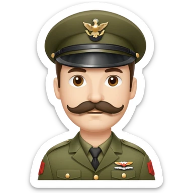 Soldier with a thick handlebar mustache wearing a military helmet sticker