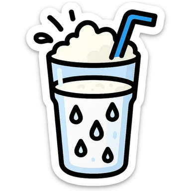 detailed icon of Ayran drink, glass with white frothy liquid, condensation droplets, blue straw, splash effect, realistic highlights and shadows, color outline style sticker