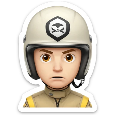 white male racer in helmet, crazy look, taking risks, very serious face, angry sticker