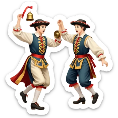 Cinematic Realistic scene of two performers executing a Morris Dance in full traditional costume—with bells, ribbons, and clogs—captured in dynamic motion against a rustic English backdrop and warm, golden lighting sticker