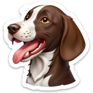 Cinematic Comical German Pointer Dog Portrait Emoji, Head tilted dramatically while yawning exaggeratedly, sleek brown and white fur, Simplified yet hilariously adorable features, highly detailed, glowing with an almost sarcastic glow, high shine, a mix of lazy and curious, stylized with a touch of playful whimsy, bright and alert but with a comical expression, soft glowing outline, capturing the essence of a mischievous yet overly dramatic dog, so meme-worthy it feels like it could leap off the screen and sassily demand attention, ready to become the internet’s next viral sensation! sticker