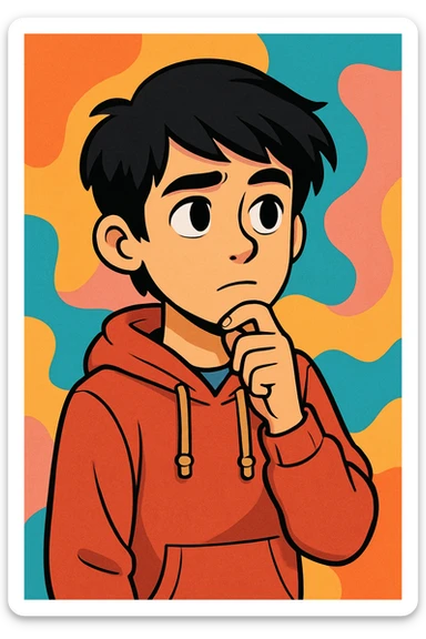 cartoon style portrait of an 18 year old young person with black hair, thoughtful expression, youthful clothing, colorful background sticker