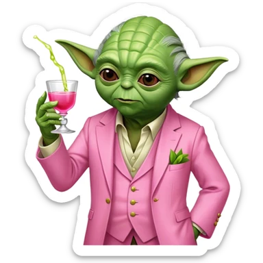 Master Yoda in all pink suit, with one hand holding pink tequila shot with lime sticker