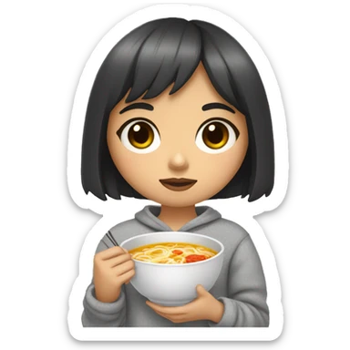 A girl with bangs covering one eye, black hair and big eyes wearing a gray pajama sweater and holding a ramen in her hand. sticker
