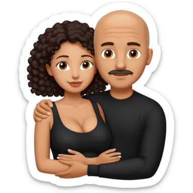 A picture of an embracing tanned couple. the man is a Mexican man with tanned skin, NO GLASSES, with a bald hair cut, short beard and wearing a black shirt. the woman is short with long curly dark brown hair and with big boobs sticker