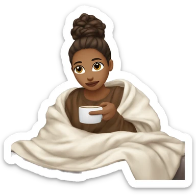 Me, brownskin, hair in a ponytail, white bow, drinking coffee while snuggled up in a blanket sticker