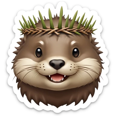 really cute smiling joyful otter face in three-quarter profile view with simple thorny stem wrapped horizontally around its forehead like Jesus Christ's Crown of thorns, no crown shape on top, just thin spiky branches circling the forehead sticker