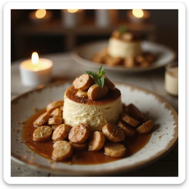 realistic image of a dietary supplement highlighted on a dessert or gourmet dish, festive atmosphere, realistic details, family environment sticker