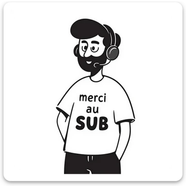 A person with black hair, brown eyes, and a black beard wearing a gaming headset saying "merci au SUB" sticker