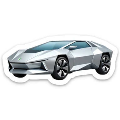A futuristic chrome car emoji, sharp geometric body design inspired by cybertruck aesthetics, smooth silver metallic surface, matte and glossy chrome mix, minimal details, soft reflections, clean edges, iOS emoji style, centered, clean white background, soft studio lighting, no text sticker