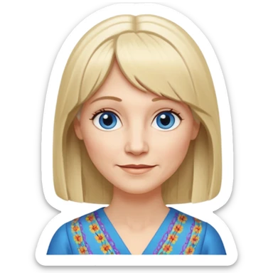 50 yr old white woman, hippie parted very long hair, short bangs, very long straight blond hair, oval face, small smile, blue eyes, thin face, hair downback, hair parted at center of head, round cheeks, pale, longer hair, business dress sticker