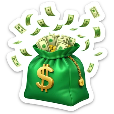 

3D emoji style, big bag of money, flying dollar bills, rich casino vibe, smooth lighting, high detail, clean edges, transparent background



 sticker