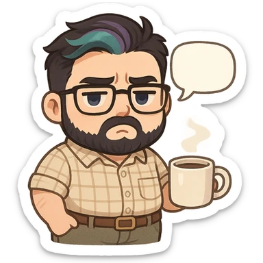 A realism art illustration art style of handsome plus-size man with black hair and a purple to green ombre streak, black beard, blue eye, glasses, dressed like a dad, holding a coffee mug, blank speech bubble, frowning  sticker