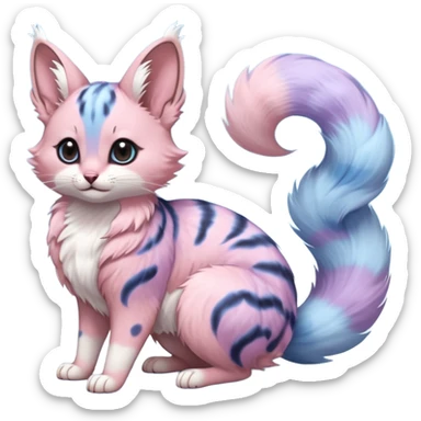 cotton-candy mist pink-blue-lilac fur whipped into cloud-soft spirals realistic fur with random dark markings beautiful elegant pretty precious cute  Fakémon-Pokémon-opossum-feline-serval-caracal-chinchilla-Furret-Minccino-hybrid-creature with a big fluffy bushy tail (full body) sticker