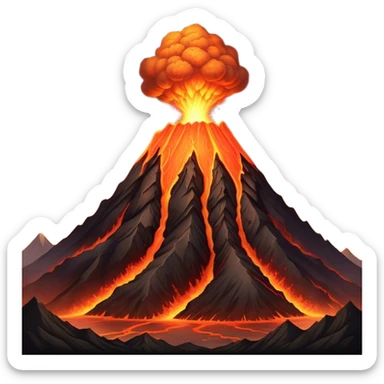 Cinematic Realistic Volcano Emoji, Powerful and awe-inspiring, with molten lava flowing from its jagged, smoking peak, casting an orange glow in the surrounding darkness. The landscape around it is barren and rocky, with clouds of ash rising into the sky. Soft glowing outline, capturing the essence of raw power and fiery energy in a towering volcano. sticker