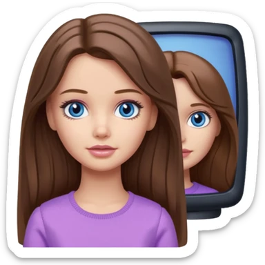 beautiful barbie girl with long brown hair, blue eyes and wearing light purple clothes watching stranger things on tv sticker