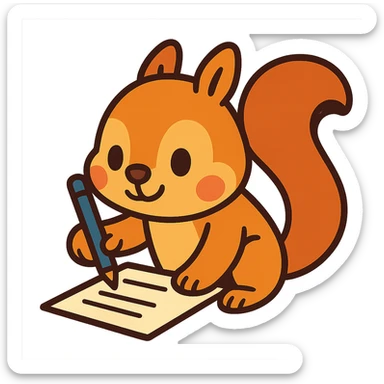 a cute squirrel writing a paper, cartoon style sticker