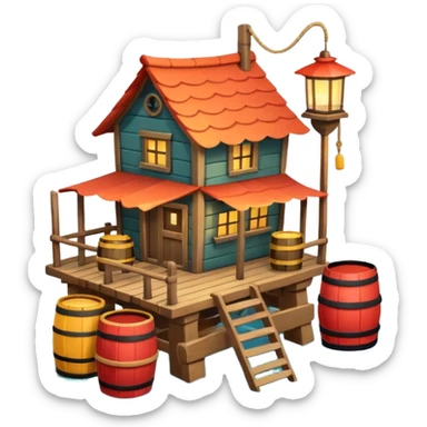 
fisherman house on a wooden pier, small dock, fishing nets hanging, barrels, lantern, ocean vibe, 3D cartoon, cute mobile game icon, clean background, no text
 sticker
