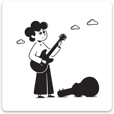 A musician playing guitar with head tilted up towards the sky, with clouds in the background, sad worried expression on face, concerned look, hoping for an opportunity sticker