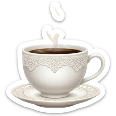A cup of hot coffee with light steam, in a delicate porcelain cup with lace doily underneath sticker