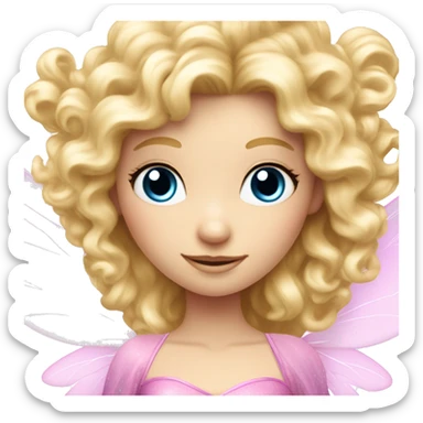 Fairy, a blonde hair with blue eyes and a pink dress with sparkly wings. White wings. The fairy has long and curly hair with a lot of volume sticker