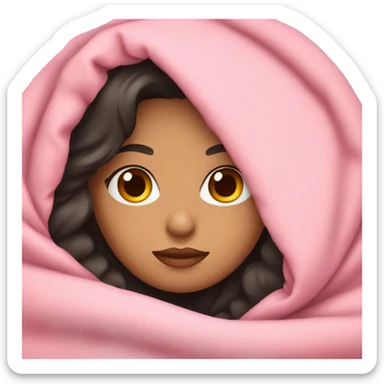 Woman with dark hair and blue eyes snuggled in a pink blanket sticker