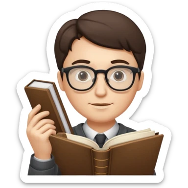 writer holding big pen in hand and book in other hand, wearing glasses sticker