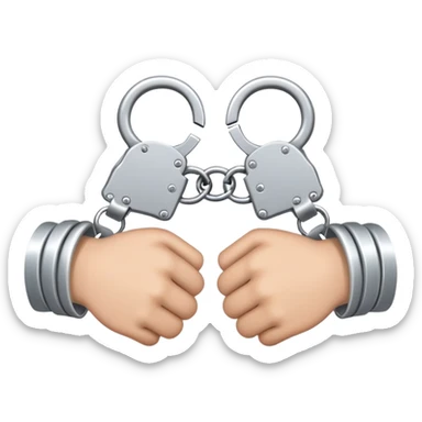 An emoji of two hands cuffed behind the back with metallic handcuffs. The wrists are slightly tilted inward, showing restraint. The handcuffs have a reflective silver surface, symbolizing arrest, punishment, or law enforcement. Simple, cartoon-style design sticker