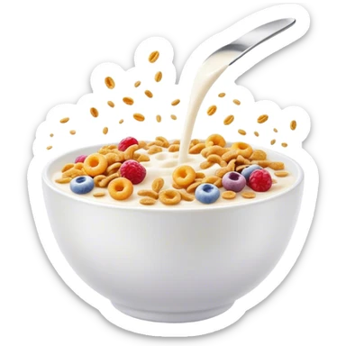Cinematic crunchy cereal, vibrant and colorful, splashing into a bowl of cold milk, soft glowing background, dynamic movement, playful and inviting, nostalgic and fun. sticker