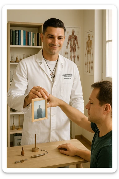 a middle-aged man, dressed in casual professional attire, is in a bright, organized therapy studio. Durante una visita di kinesiologia, il praticante tiene con una mano la foto di una persona lontana (il “testimone”) appoggiata su un tavolo, mentre con l’altra mano esegue un test muscolare su un cliente presente. Sullo sfondo si vedono libri di kinesiologia, poster anatomici e strumenti tipici della disciplina. L’atmosfera è concentrata e serena, con luce naturale che entra dalla finestra, sottolineando l’aspetto alternativo e umano della pratica. sticker
