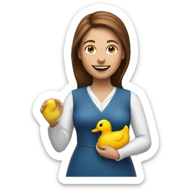 white woman with brown hair happily holding a rubber duck  sticker