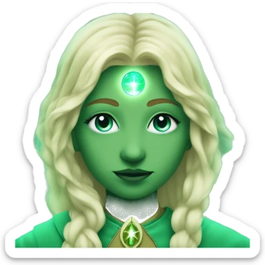 nordic pleiadian in green clothing with thin face long blonde hair and blue eyes third eye glowing sticker