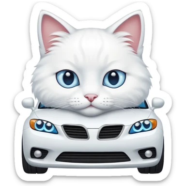 Please create a small emoji the size of 🚗 featuring a pure white cat with blue eyes on a white car. sticker