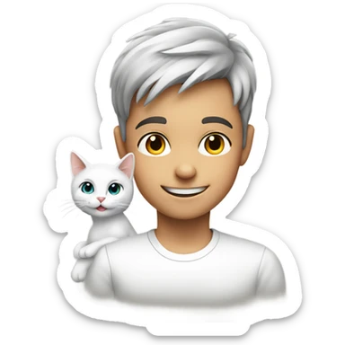 smiling boy in white shirt with cat sticker