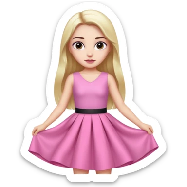 A photo of a white-skinned girl with black eyes and eyebrows and long bare hair, a beautiful pink skirt dress that has a lot of glamour and looks almost like a prince sticker