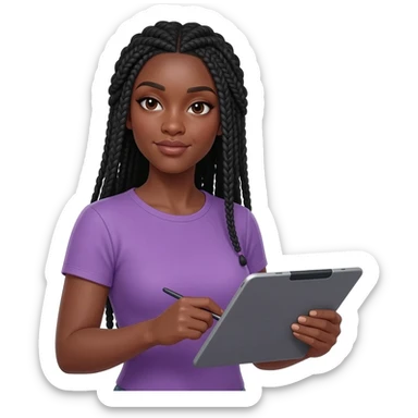 Emoji représentant une femme à la peau marron avec de longues braids noires et portant une belle chemise violette, tenant une tablette graphique dans une main et un pinceau dans l’autre sticker