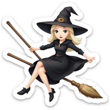 witch with pointy hat and black dress flying on a wooden broom sticker