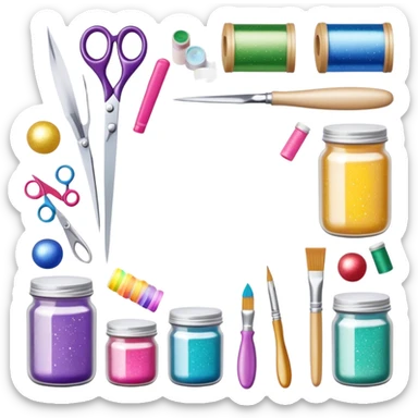 a collection of decorating supplies, including colorful rolls of ribbon, sparkling glitter jars, paintbrushes, patterned paper, adhesive tape, scissors, and small ornaments. neatly arranged on a light, clean surface with a creative and cheerful vibe sticker