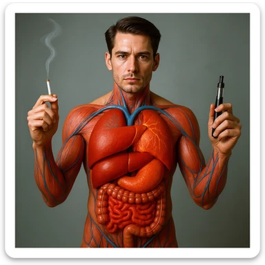 Hyperrealistic 4K vertical 9:16 medical illustration, realistic human anatomical body, inflamed liver and intestines highlighted, man holding a lit cigarette in the right hand and an electronic cigarette in the left, style identical to the reference image. sticker
