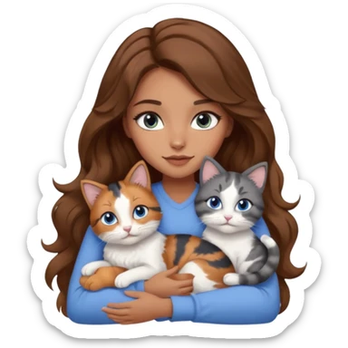 girl with long wavy brown hair, blue eyes, long lashes makeup, cuddling with 6 cute cats sticker