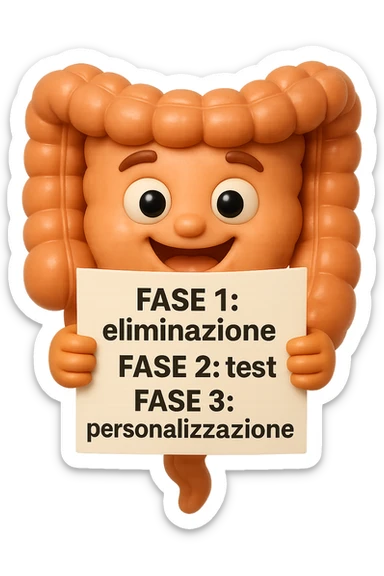 emoji stile iphone 3d di un intestino che tiene in mano un foglio con la scritta "FASE 1: eliminazione, FASE 2: test, FASE 3: personalizzazione, IPERREALISTICO 4K sticker