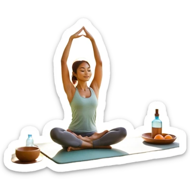 A person moves through a gentle yoga pose in the morning sun, one hand reaching up, the other near a plate of vibrant whole foods and a bottle of water. A cozy bed sits behind them, glowing softly. Nearby, a small group of friends laughs together under a tree—health, movement, nourishment, rest,  sticker