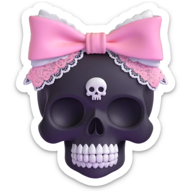 3D emoji style pink bow with gothic effect, pastel pink to black gradient, silver skull charm, and lace trim sticker