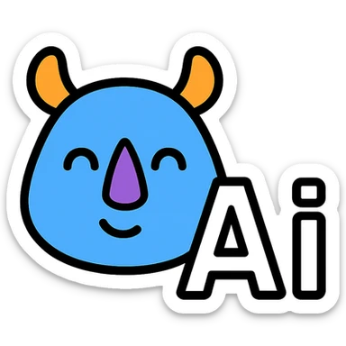 Add the letters 'Ai' in a friendly, bold style to the bottom right of the blue rhino icon, preserving the original favicon's style and colors. Keep the overall look suitable for a Slack emoji with lineal color icon style and black outlines. sticker