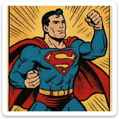 Superman, classic superhero pose, vibrant comic book style sticker