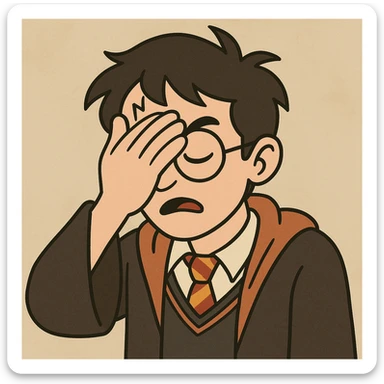 Harry Potter facepalm, cartoon style, glasses, lightning scar, robe sticker