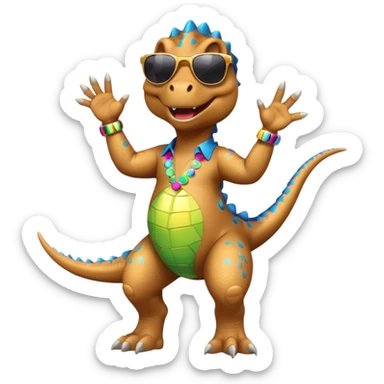 Un dinosaurio bailando con outfit disco y gafas oscurass. sticker