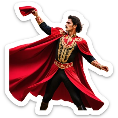 ​Cinematic Realistic Spanish Matador Holding a Red Cape, depicted in mid-action with a vibrant red cape flowing in the wind, dressed in an ornate traje de luces with shimmering details, confronting a charging bull in a dramatic arena, rendered with dynamic motion blur and vivid, high-contrast lighting, sticker